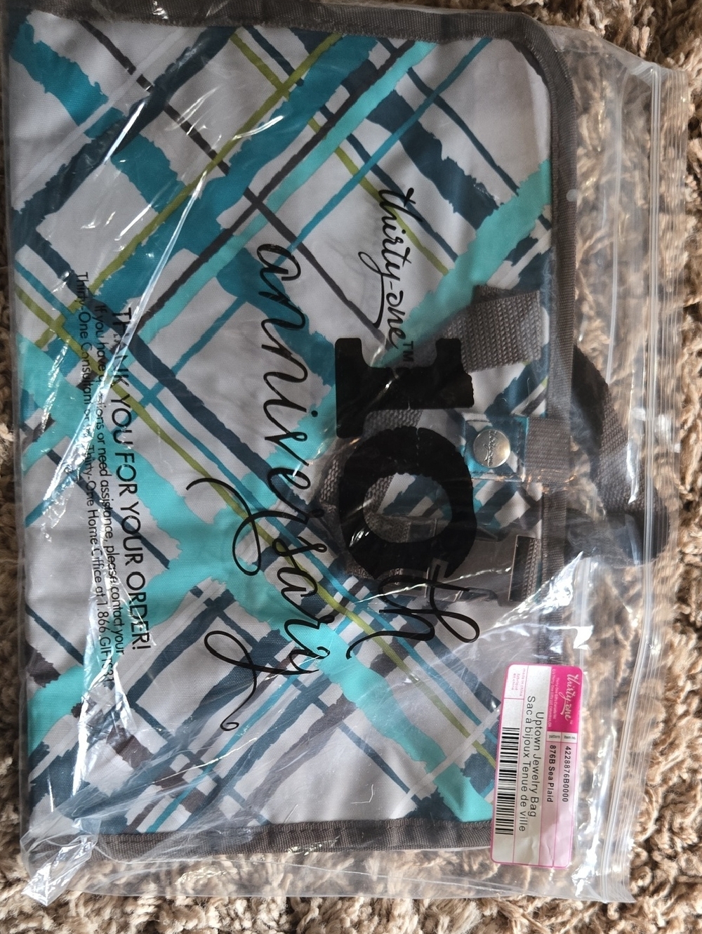 thirty-one Teal, Aqua, Gray & White Plaid Organizer Tote NWT